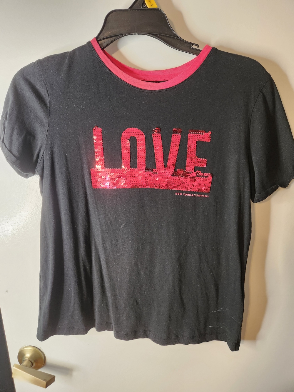 New York & Company Black Tee with Pink Sequin LOVE
